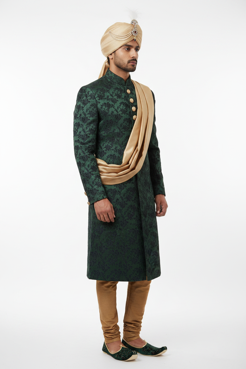 Royal groom sherwani bottle green - side view