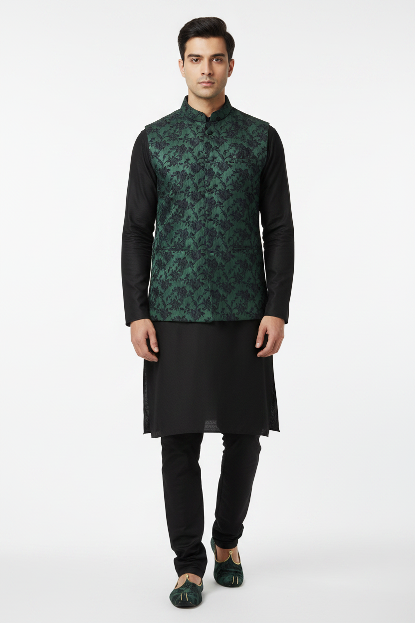 Front view studio - Sadri bottle green floral jacquard over black kurta pajama