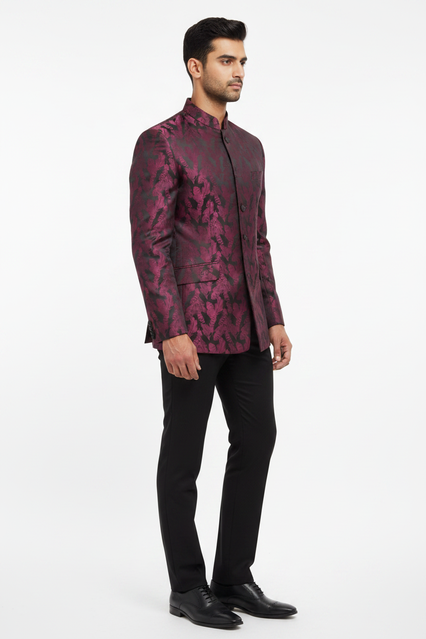 Side view studio - Bandhgala in pink feather print fabric