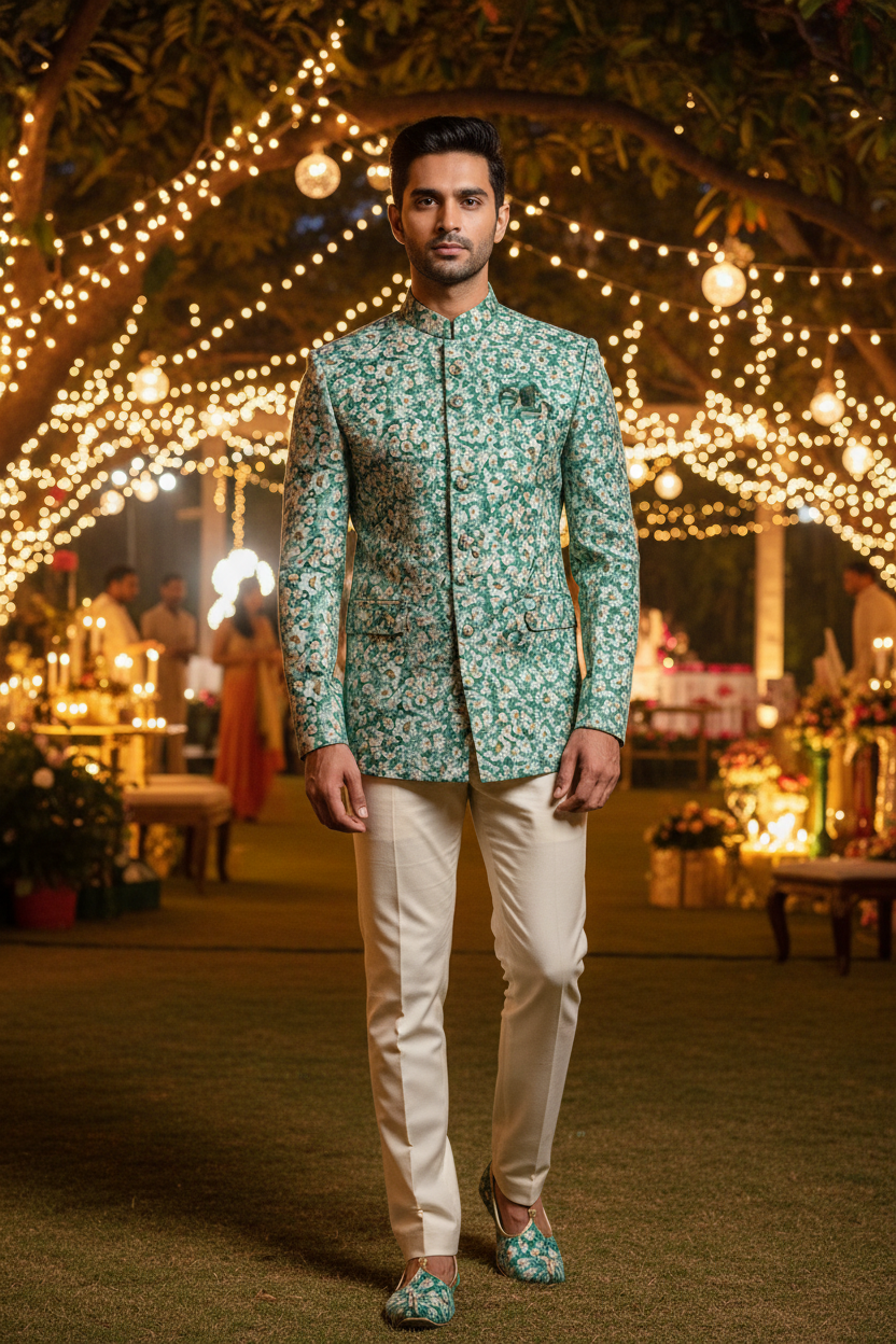 Front view party background - Bandhgala in teal daisy print fabric with cream trousers and matching jooti