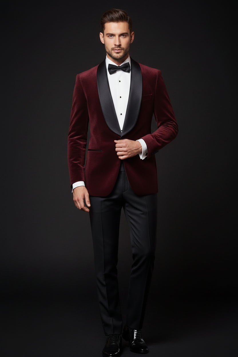 Wine Velvet Tuxedo - Full Body Plain Background
