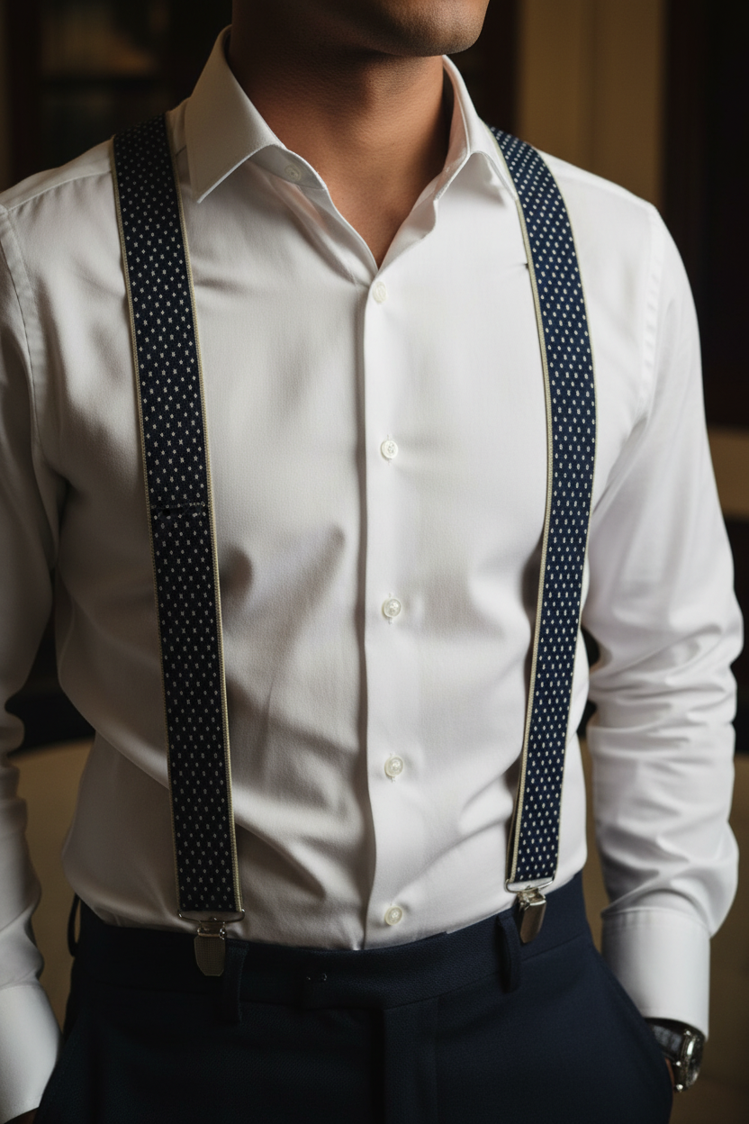 Model zoom shot wearing Navy Blue Diamond Suspenders