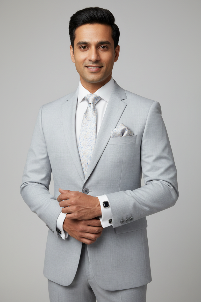 Model wearing light blue mosaic tie, pocket square and cufflinks