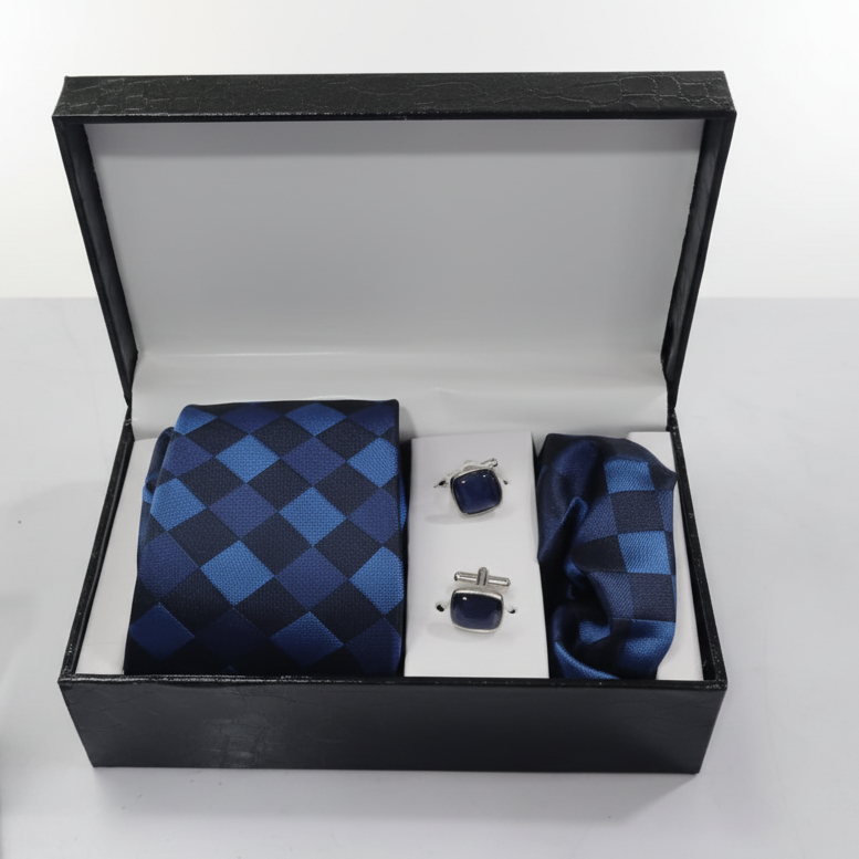 Navy Blue Checkered Tie Gift Set on white marble background