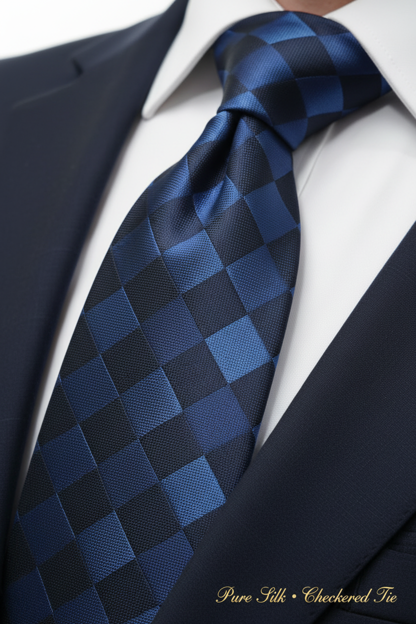 Close-up of navy blue checkered silk tie