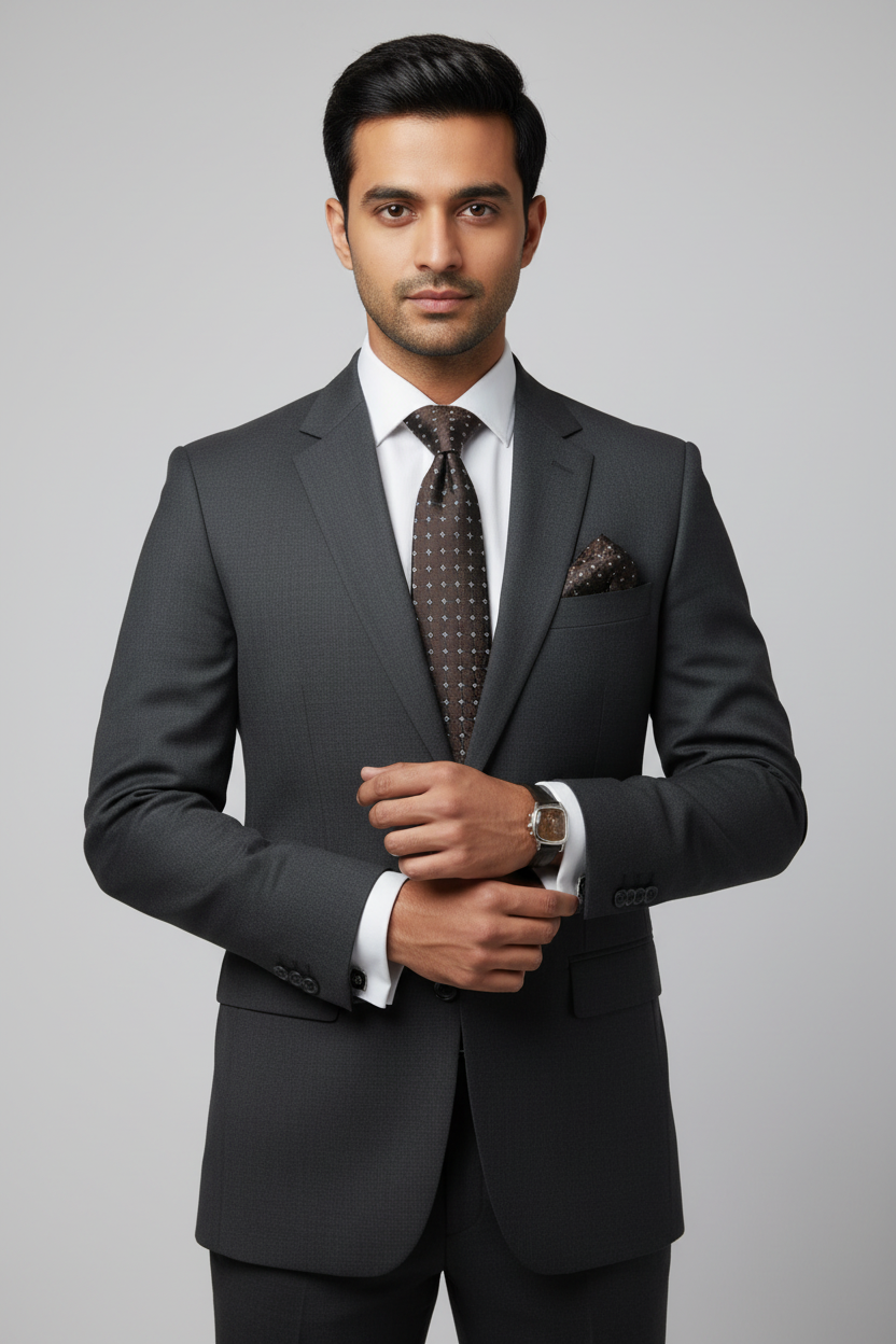 Model wearing dark brown cross pattern tie, pocket square and cufflinks