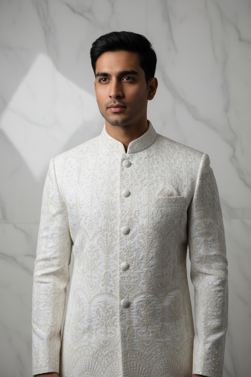 White Mughal Arch Panel Embroidery Groom Sherwani - Close Up