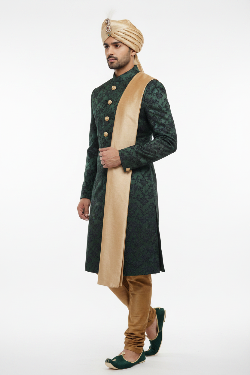 Royal groom sherwani bottle green - 3/4 side angle view