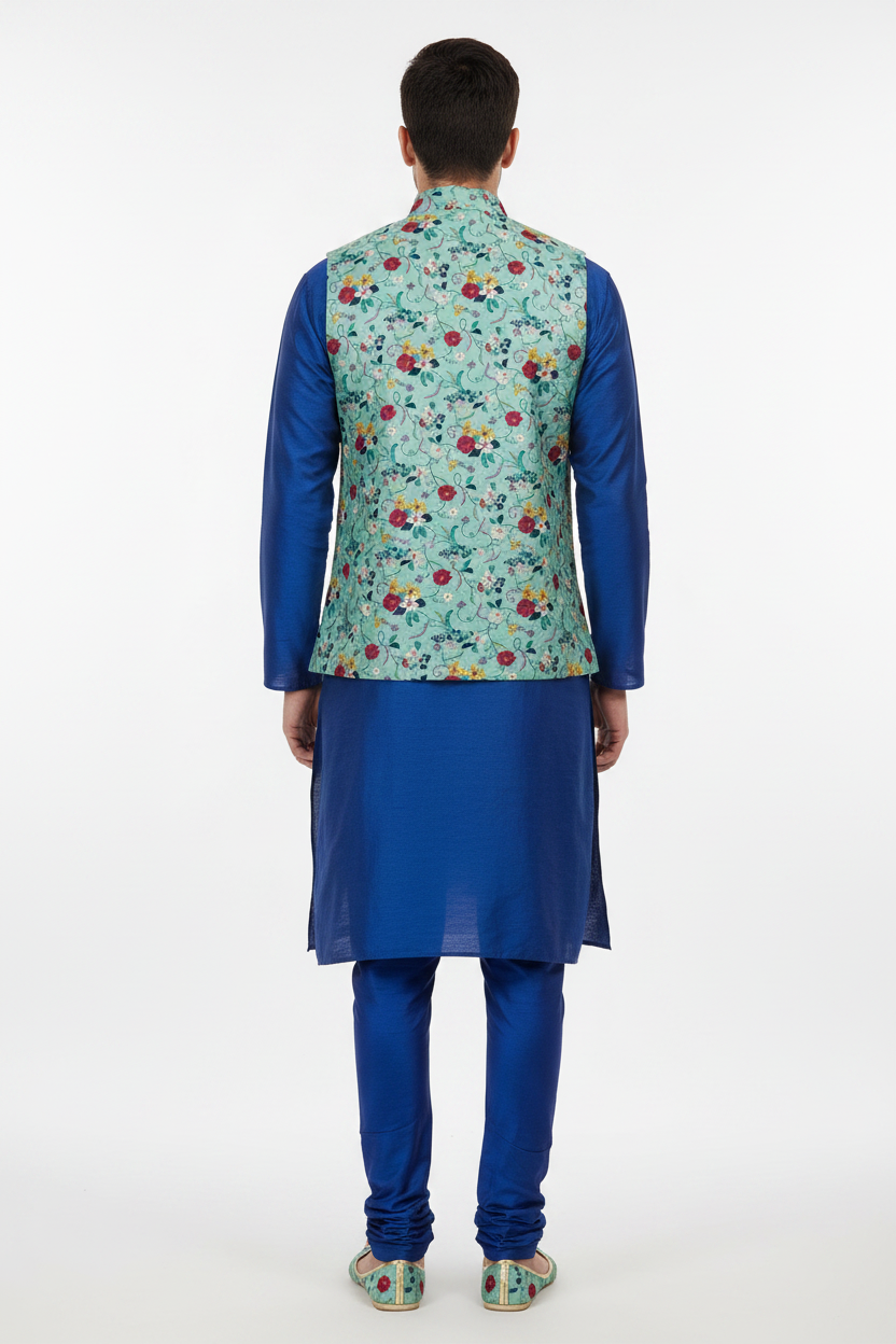 Back view - Sadri in mint floral embroidery fabric
