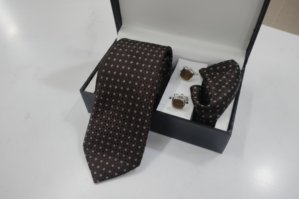 Dark brown tie gift set on white marble background