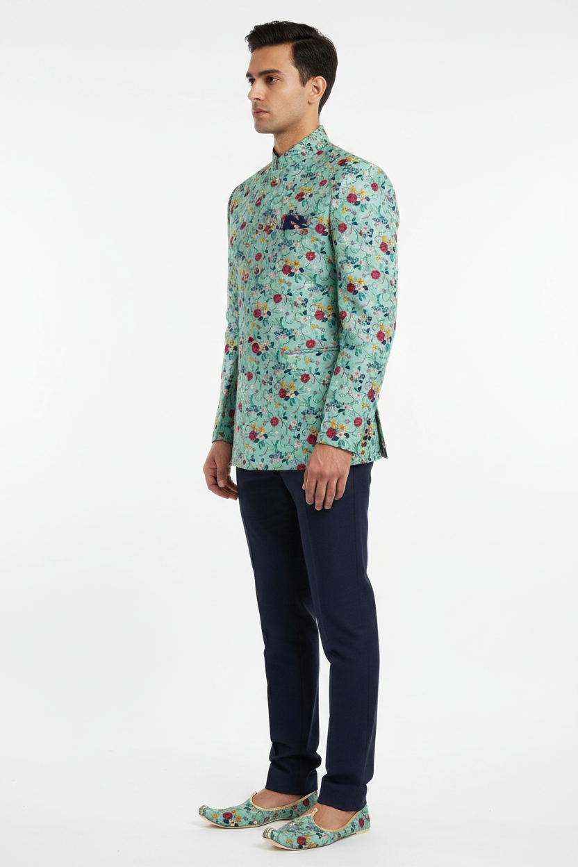 Side view - Bandhgala Prince Suit in mint floral embroidery fabric