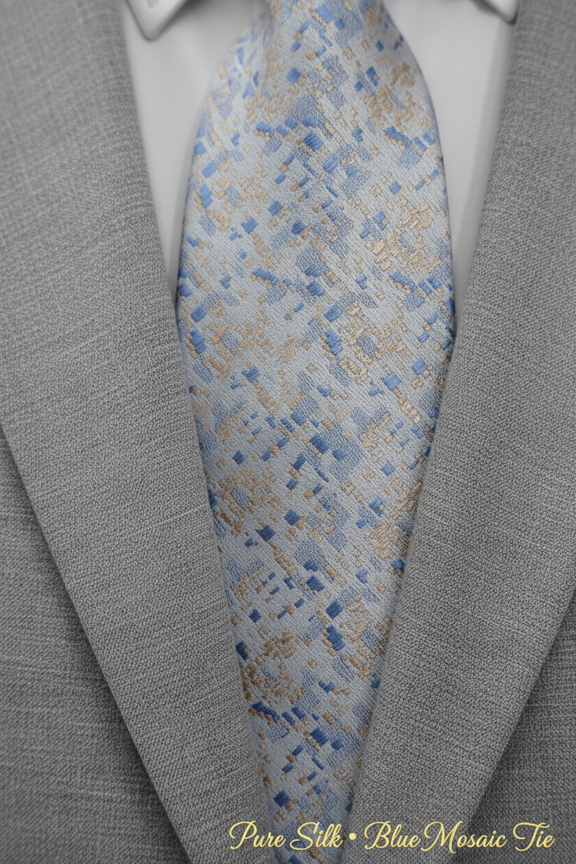Close-up of light blue mosaic silk tie with script