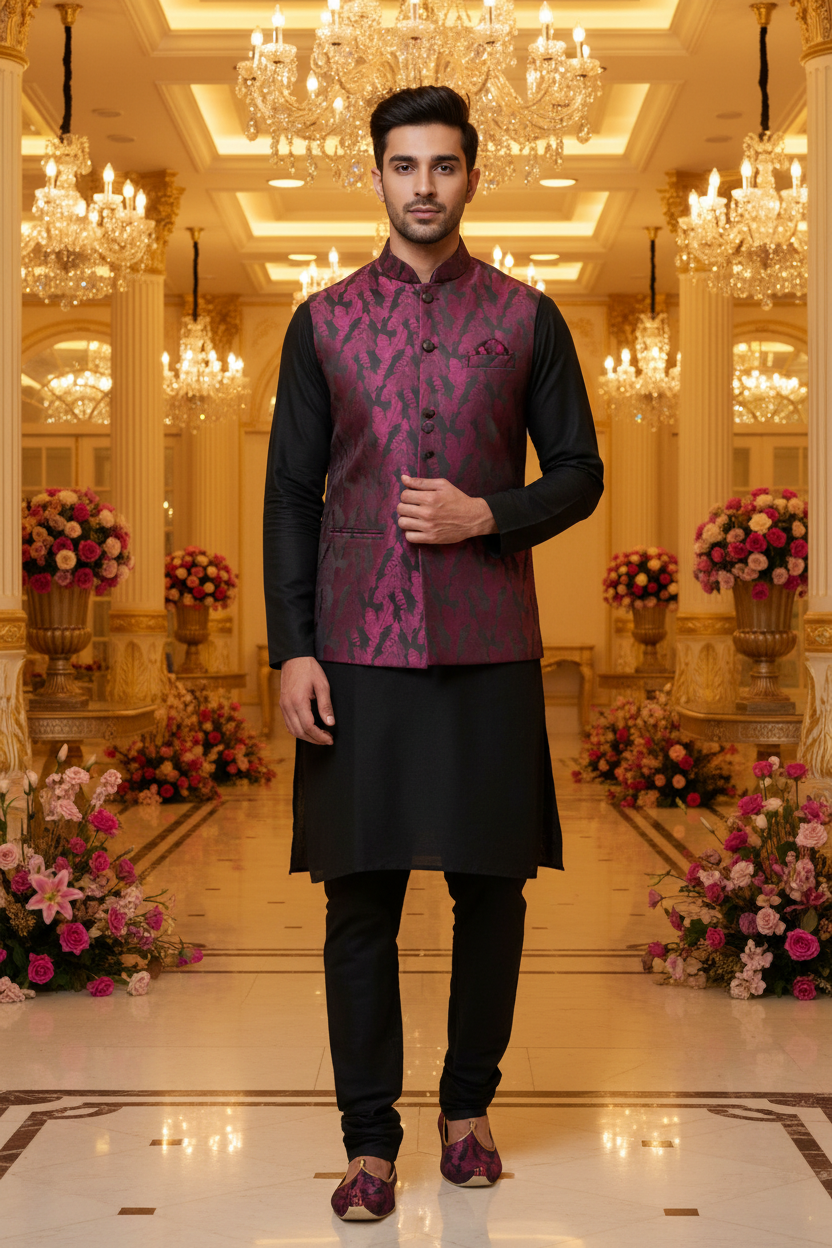 Indoor banquet hall - Sadri in pink feather print fabric