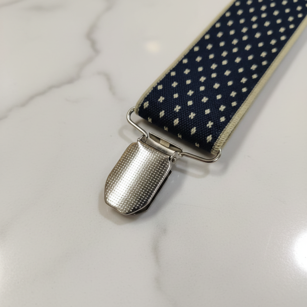 Close-up of Navy Blue Diamond Suspenders pattern and clip