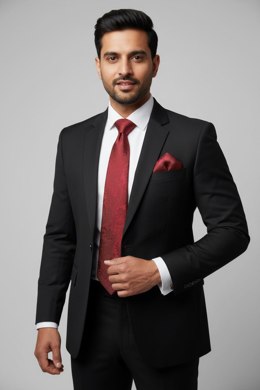 Model wearing burgundy red tie, pocket square and cufflinks