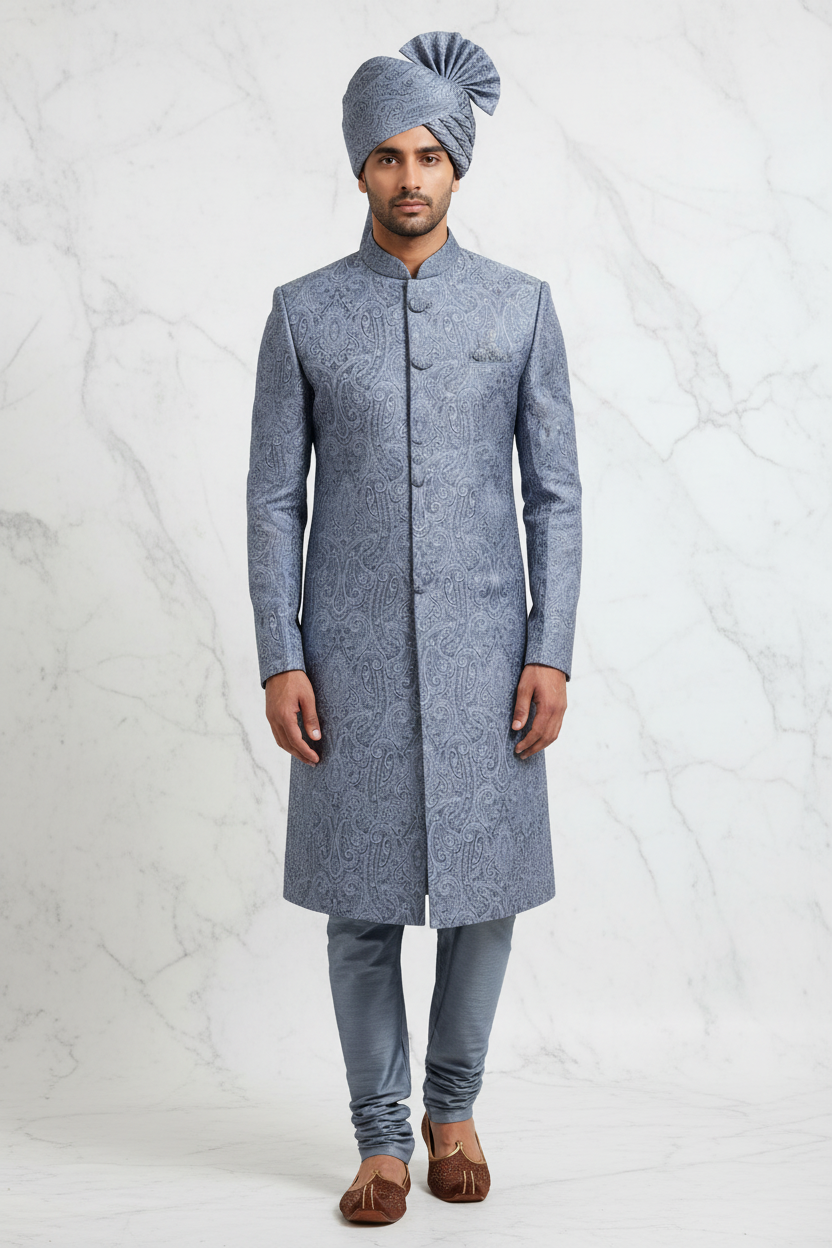 Steel Blue Paisley Jacquard Groom Sherwani with Turban - Front View