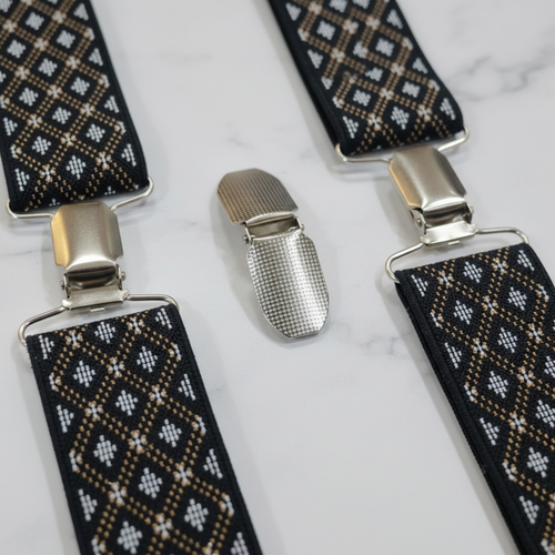Close-up of Black Gold Diamond Suspenders pattern and clip