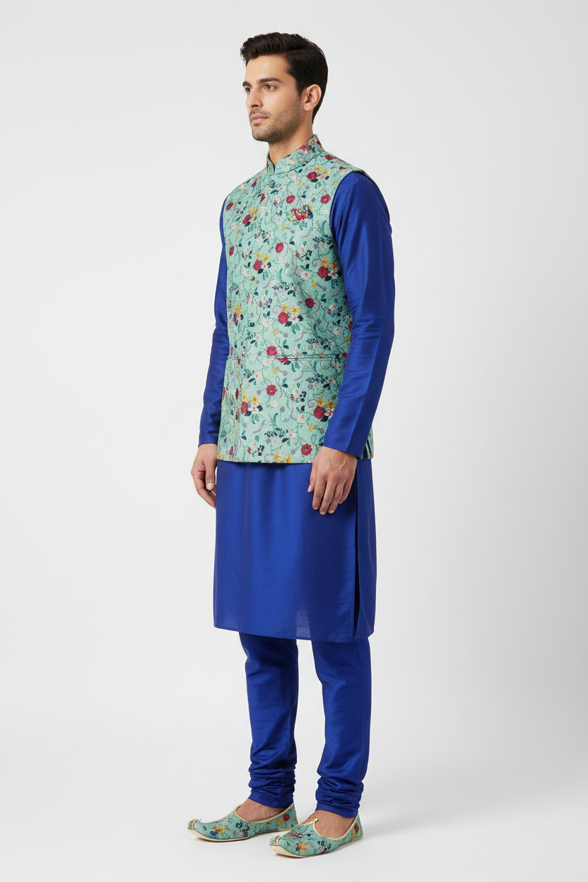 Side view - Sadri in mint floral embroidery fabric