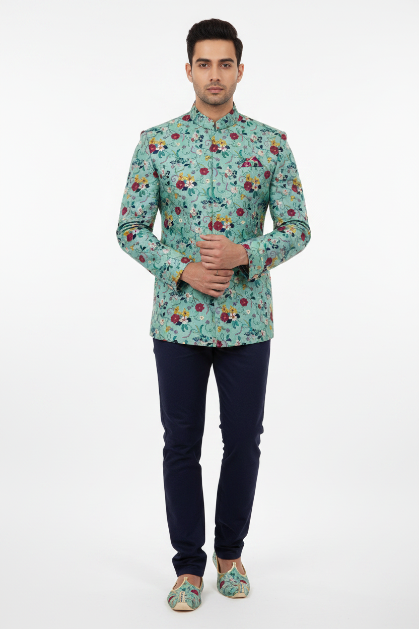 Front view - Bandhgala Prince Suit in mint floral embroidery fabric with navy trousers and matching jooti
