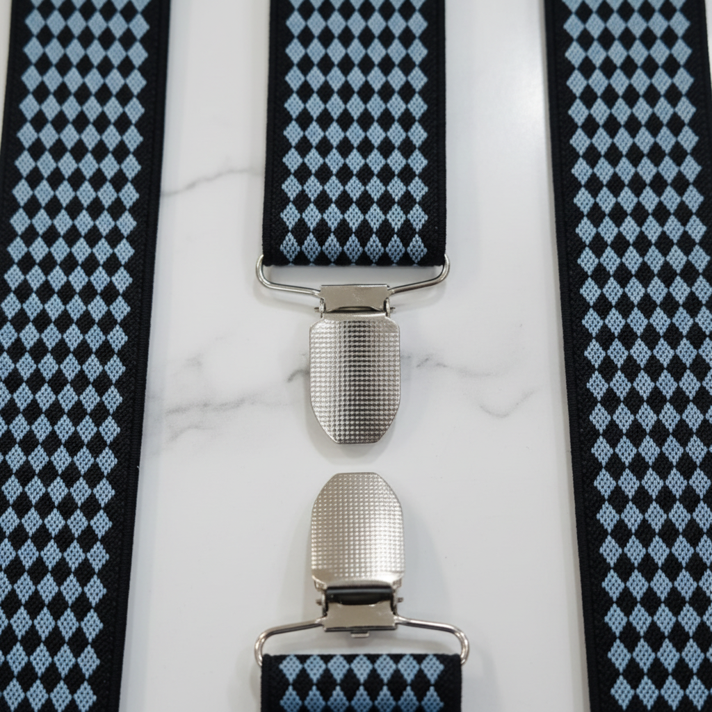 Close-up of Black Grey Diamond Suspenders pattern and clip