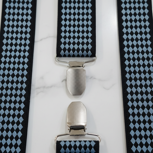 Close-up of Black Grey Diamond Suspenders pattern and clip