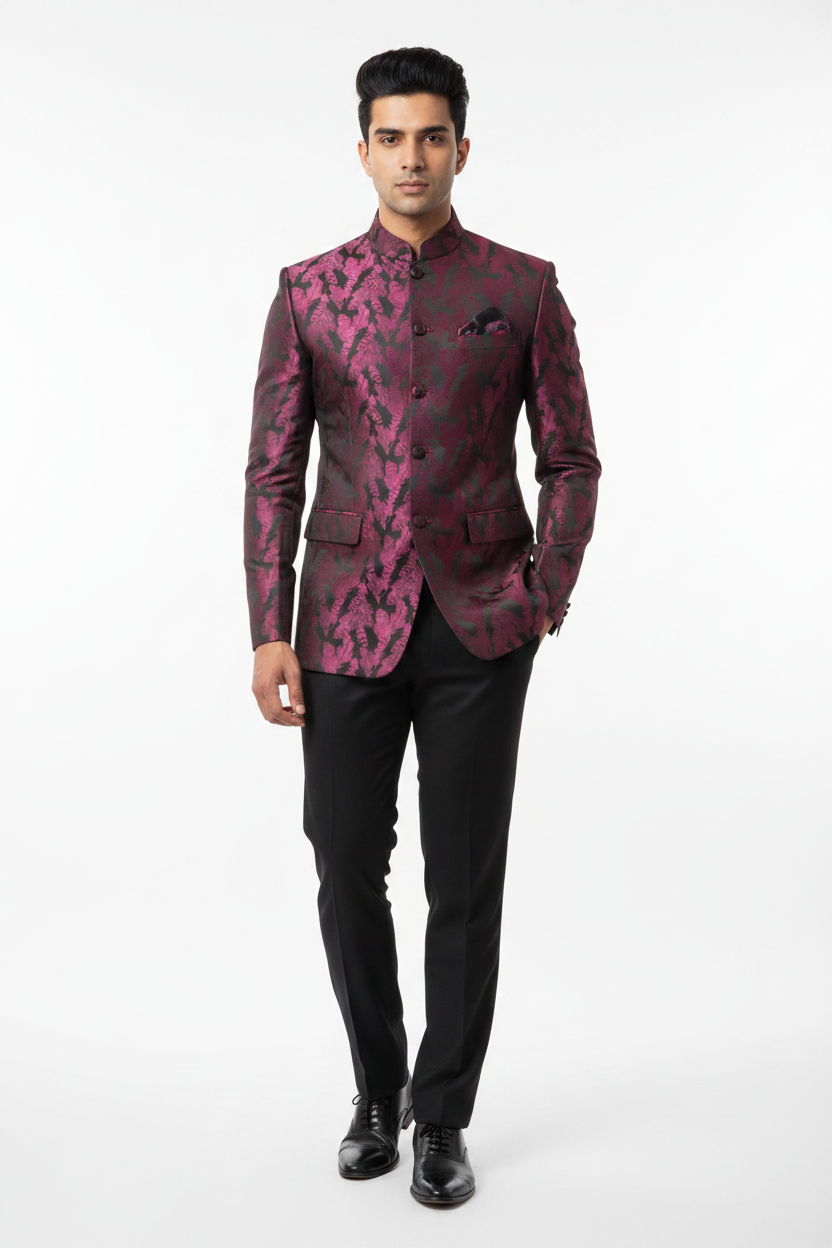 Front view studio - Bandhgala in pink feather print fabric with black trousers and formal shoes