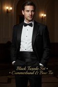 Model wearing Black Cummerbund Bow Tie and Pocket Square