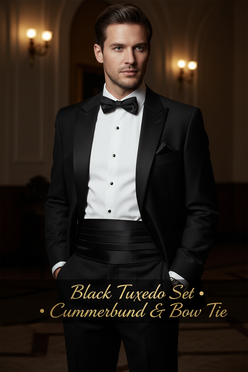 Model wearing Black Cummerbund Bow Tie and Pocket Square
