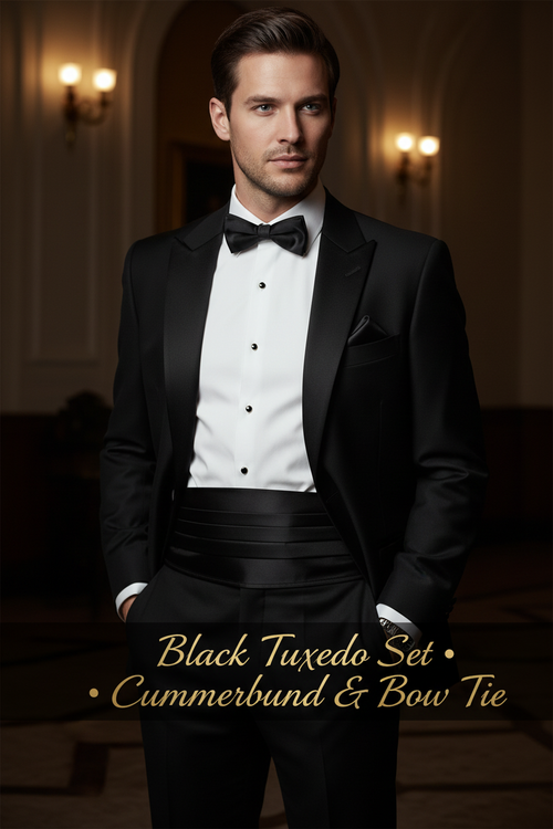 Model wearing Black Cummerbund Bow Tie and Pocket Square
