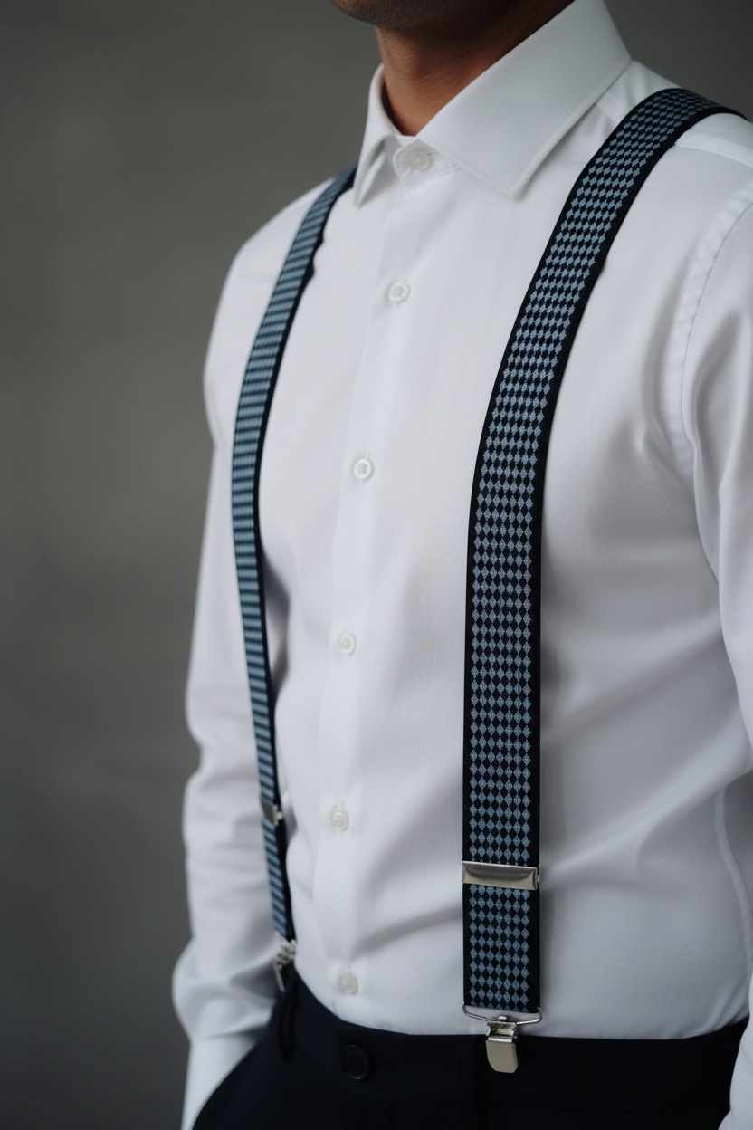 Model zoom shot wearing Black Grey Diamond Suspenders