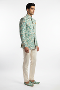 Studio side view - Bandhgala in teal daisy print fabric