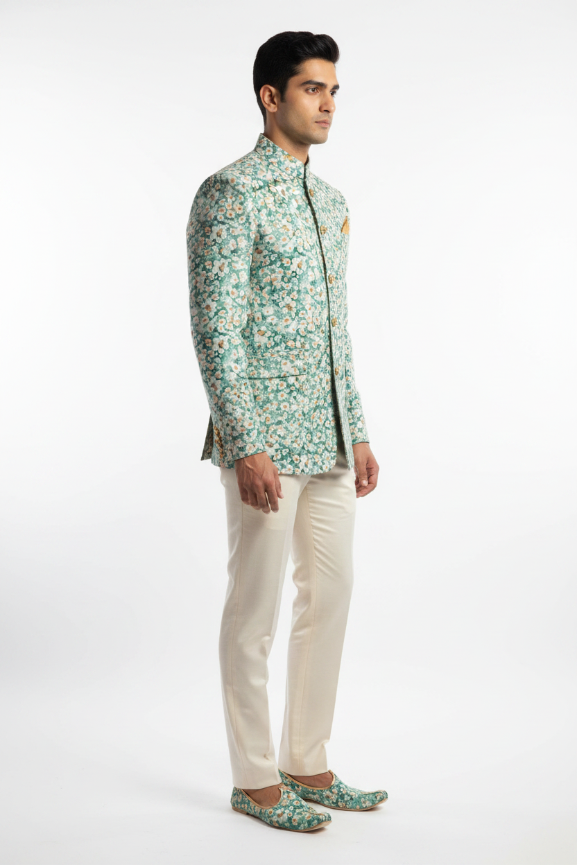 Studio side view - Bandhgala in teal daisy print fabric