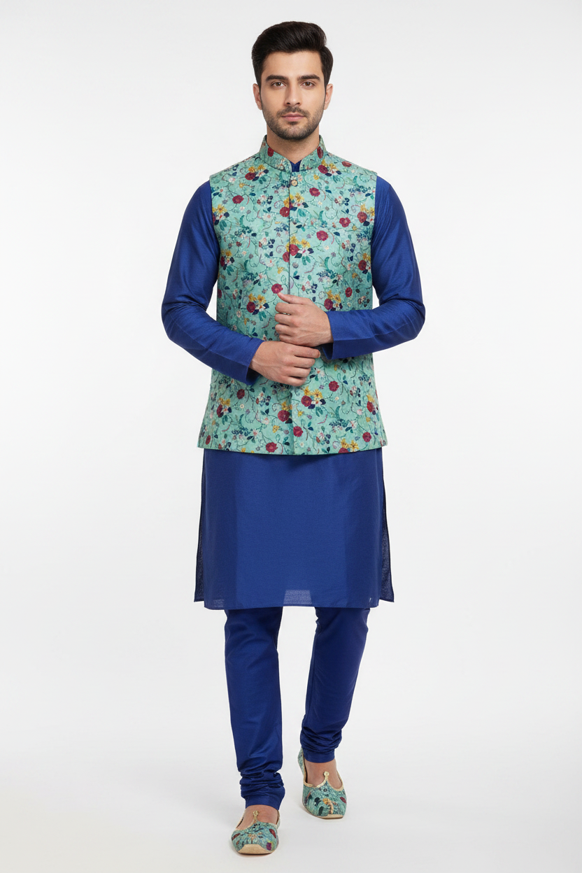 Front view - Sadri in mint floral embroidery fabric over royal blue kurta pajama with matching jooti