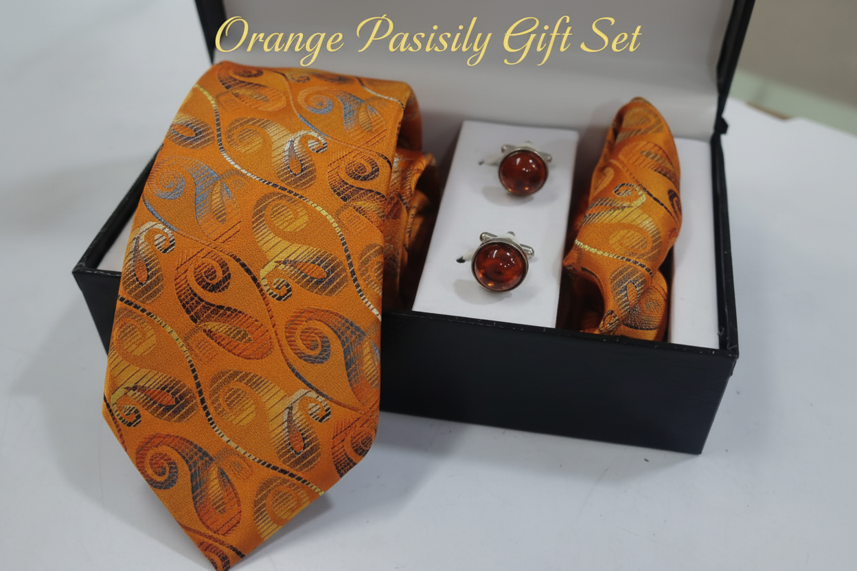 Close-up detail of Orange Paisley Tie Gift Set