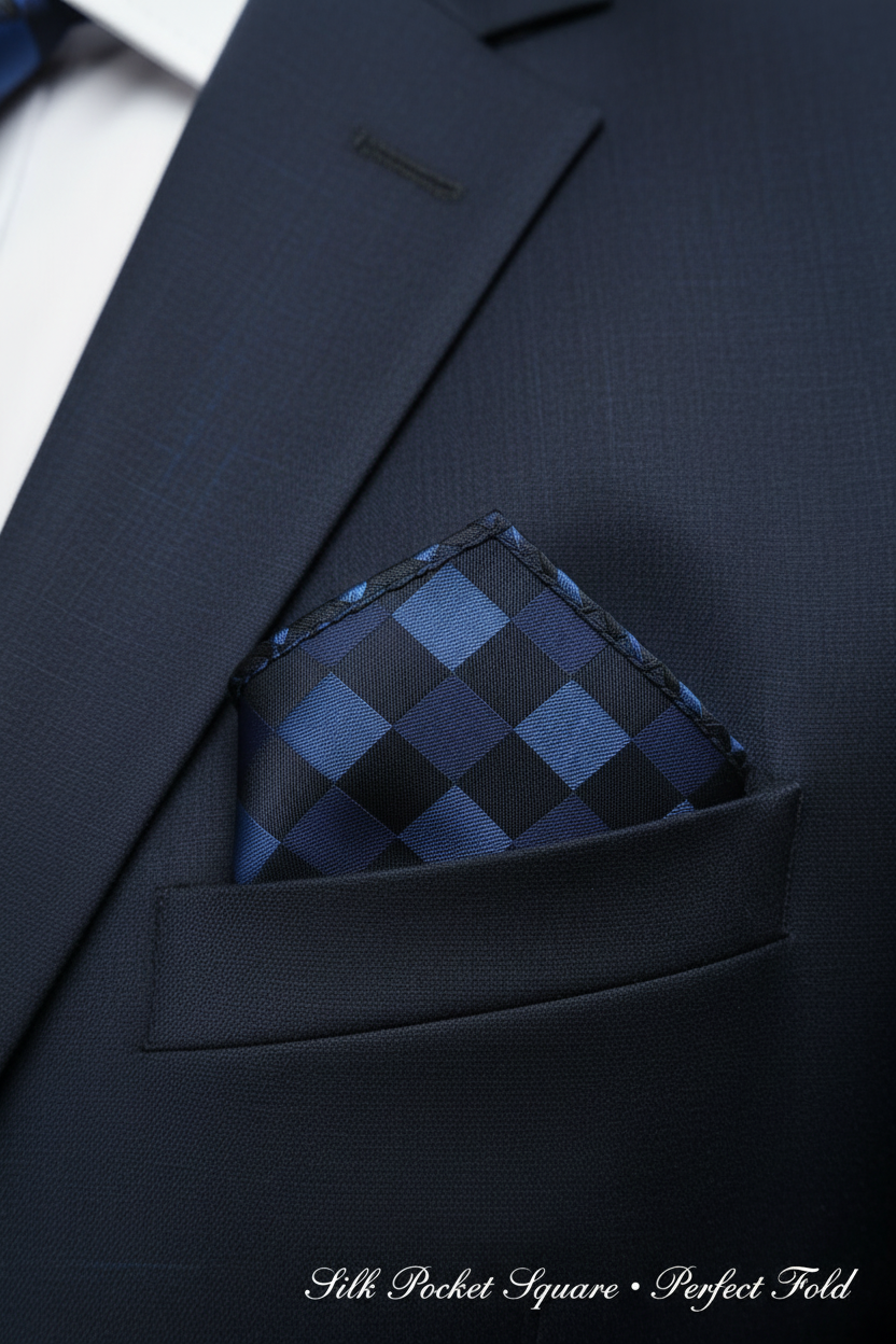 Close-up of navy blue silk pocket square