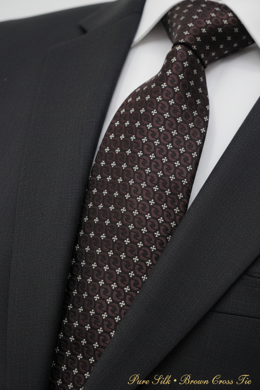 Close-up of dark brown silk cross pattern tie