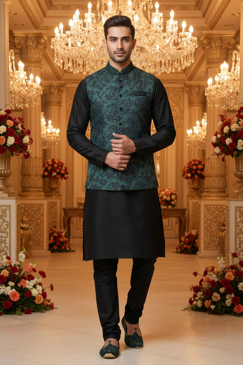 Indoor banquet hall - Sadri bottle green floral jacquard