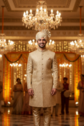 Light Golden Paisley Jacquard Groom Sherwani with Turban - Wedding Venue