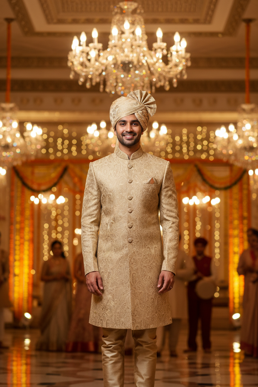 Light Golden Paisley Jacquard Groom Sherwani with Turban - Wedding Venue