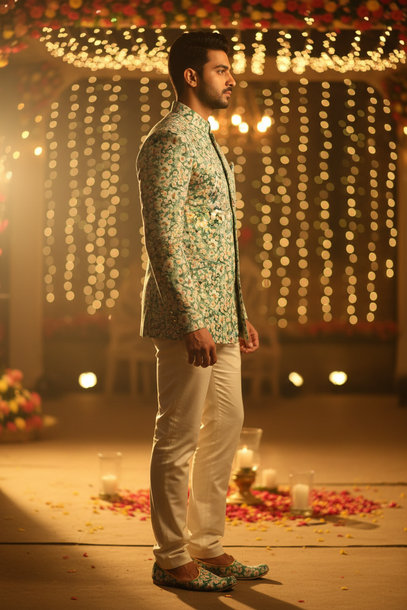 Side view party background - Bandhgala in teal daisy print fabric