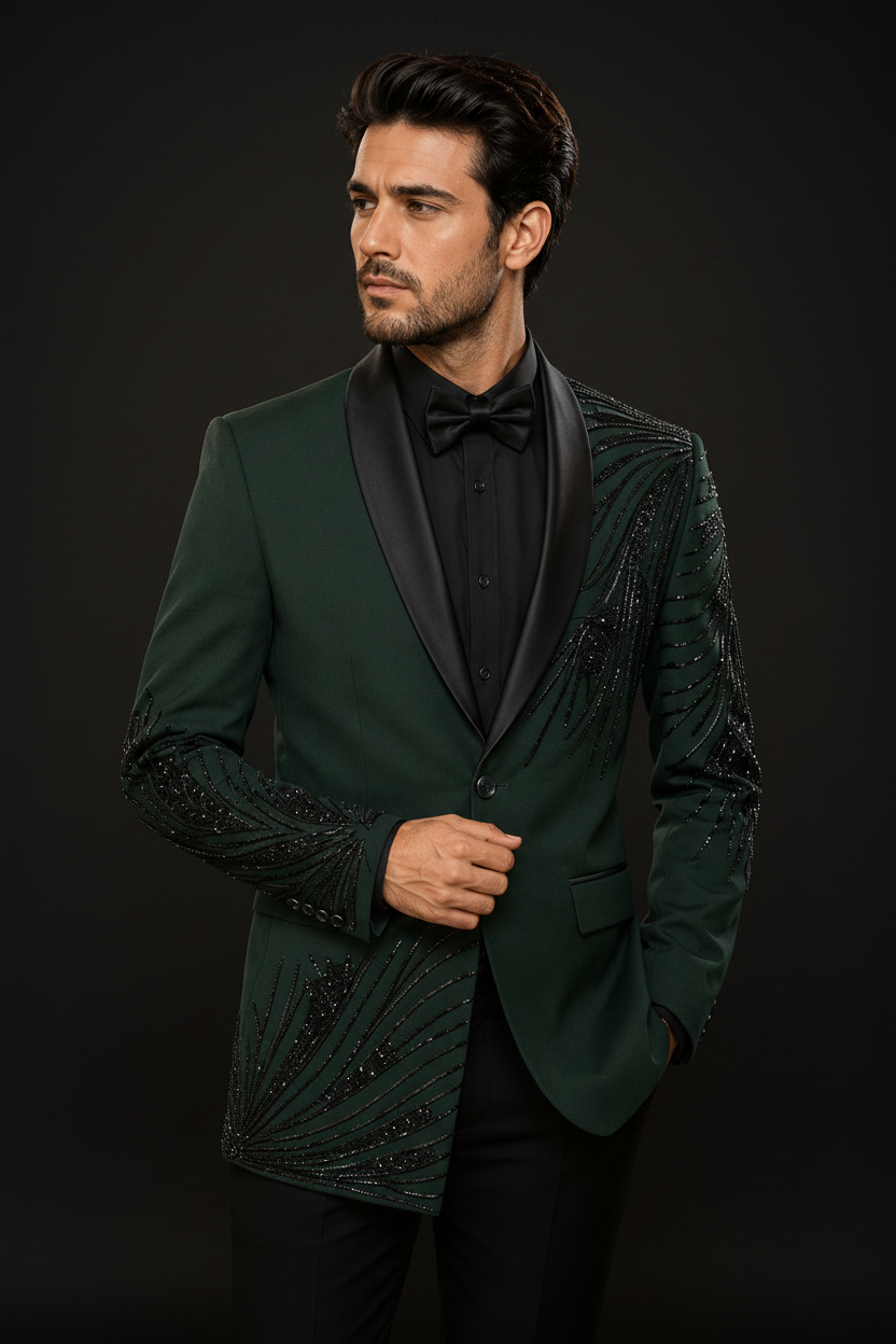 Emerald Tuxedo - Black Shirt Embroidery Detail