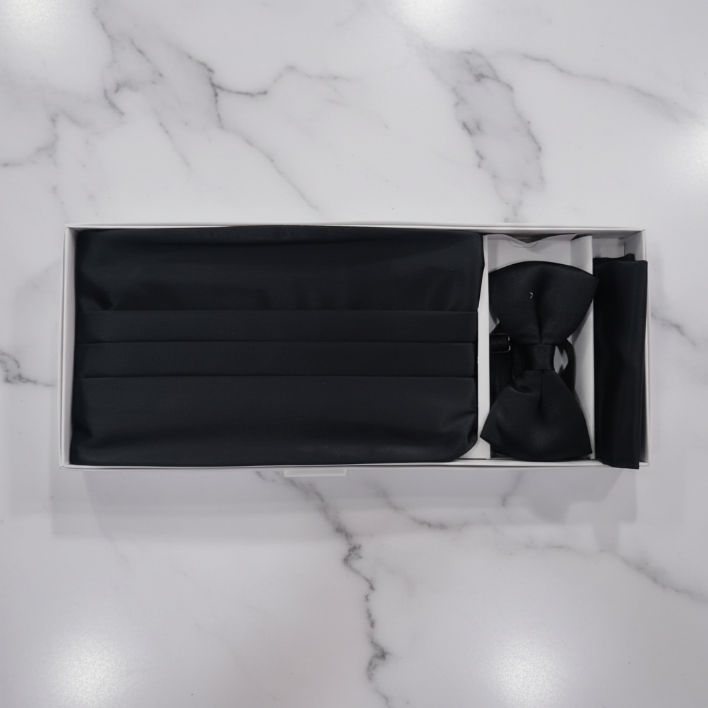 Black Cummerbund Gift Set on white marble background