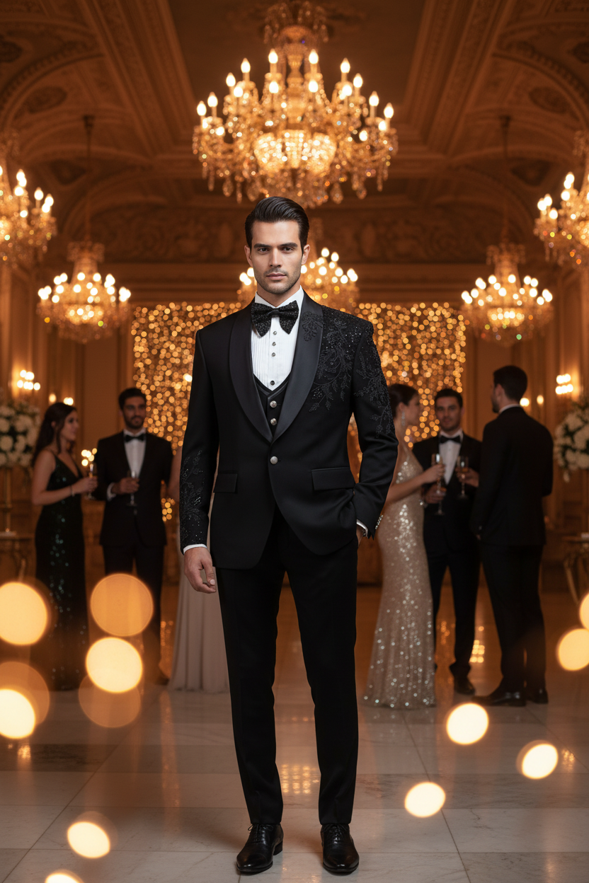 Men's Black Embroidered Tuxedo – Party Background