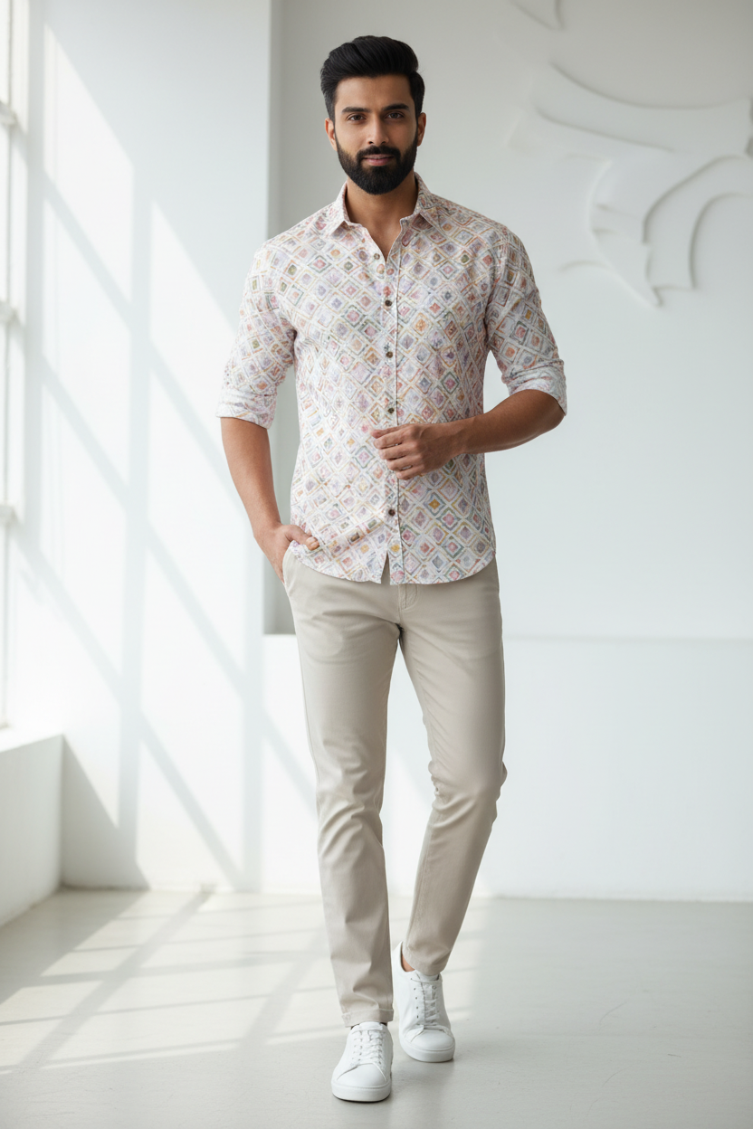 Multicolor Geometric Cotton Linen Shirt