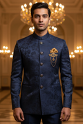 Navy Jacquard Bandhgala - Gold Pocket Square, Crown Brooch & Ornate Buttons