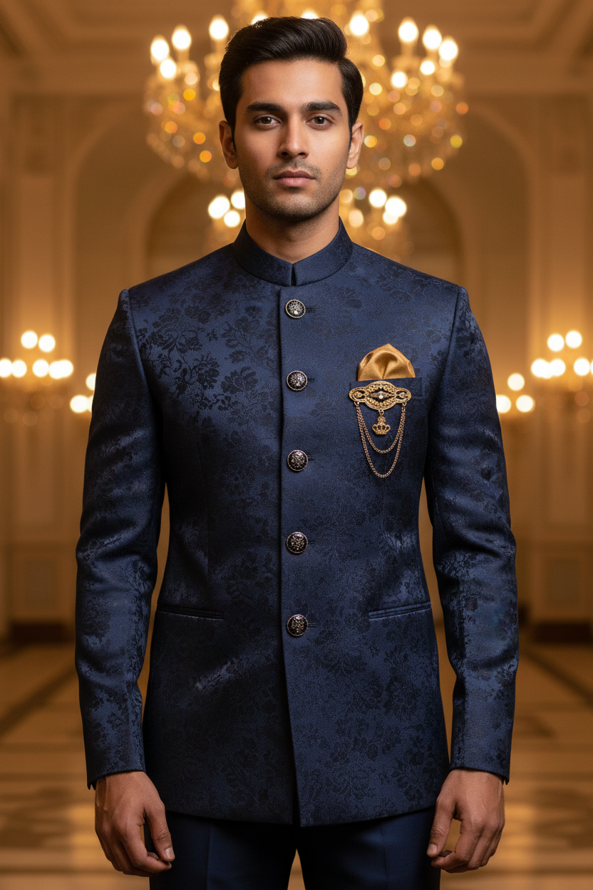 Navy Jacquard Bandhgala - Gold Pocket Square, Crown Brooch & Ornate Buttons
