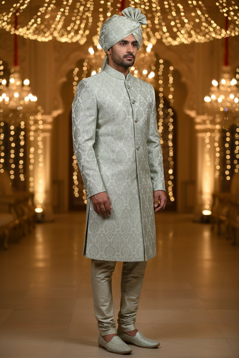 Pastel Silver Green Sherwani Side