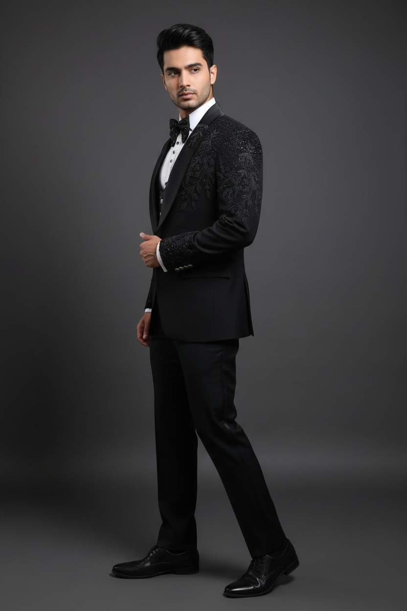 Side profile model wearing black embroidered tuxedo