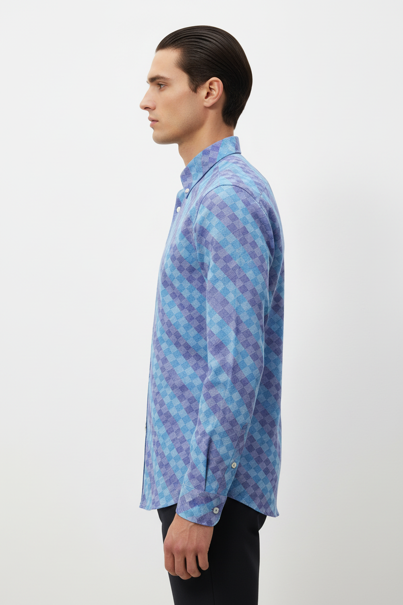 Side View - Blue Checkered Shirt - Male Model