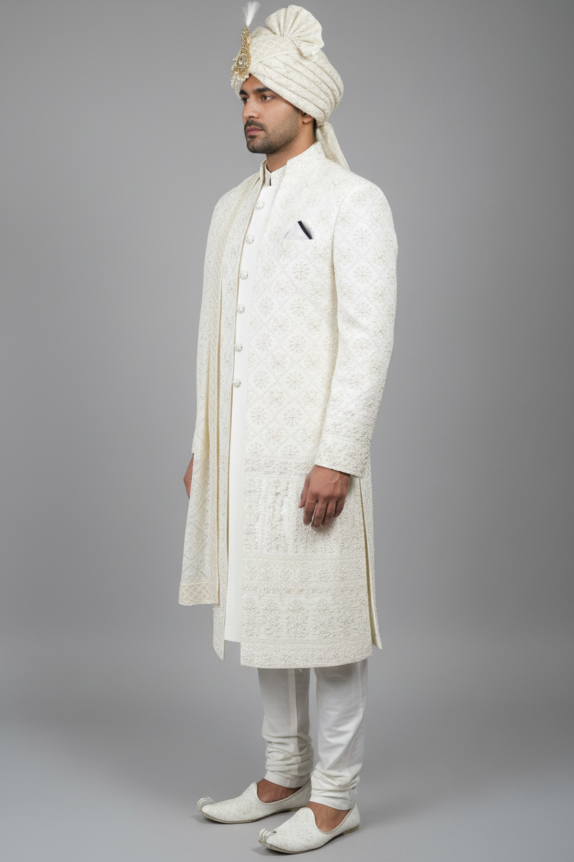 Side view - white sherwani with white collar, open front